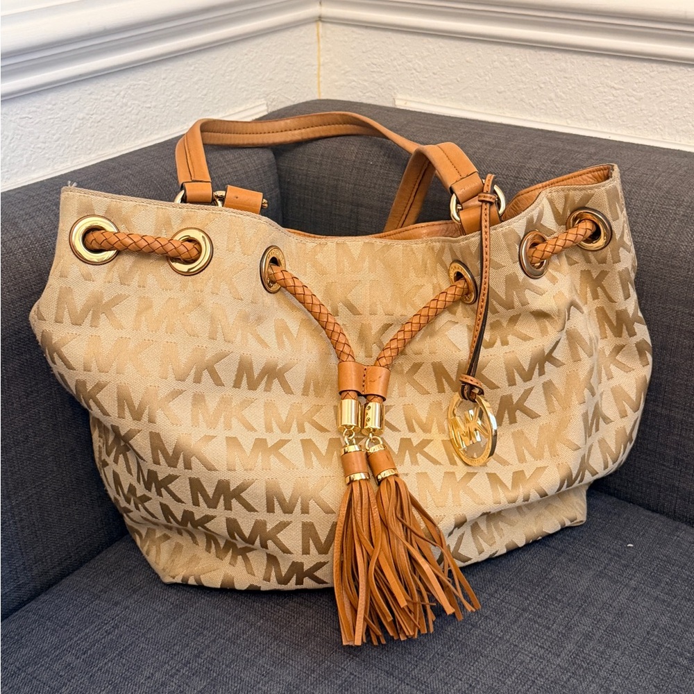 Michael Kors Tan Beige Logo Drawstring Tote with Tassel